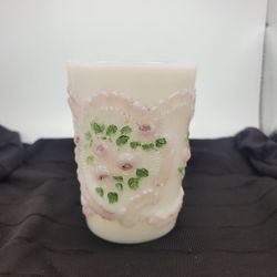 Antique Victorian Era Milk Glass White Opaline Rose Juice Glass Cold Painted 4"