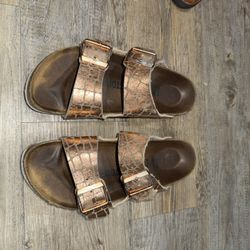Birkenstock Arizona Gator Gleam Copper Two-Strap Comfort Sandals