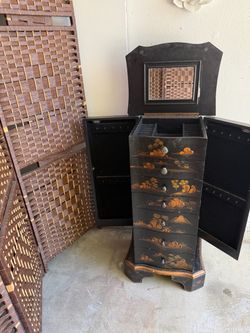 Black Lacquer Chinoiserie Jewelry Armoire