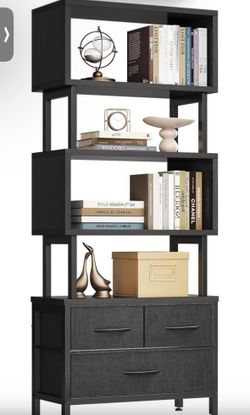 7-Tier Tall Geometric Bookshelf with Fabric Drawers – Modern Display Case & Standing Shelving Unit