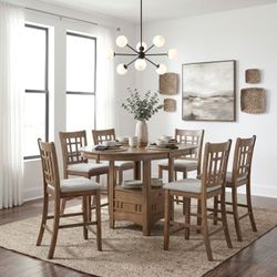 BRAND NEW BROWN ROUND/OVAL COUNTER HIGH DINING TABLE (42 x 42-60 x 36H) + 6 GRAY LINEN CHAIRS