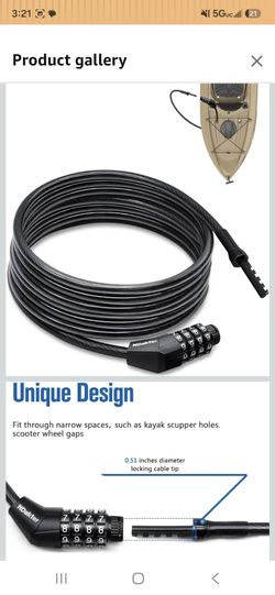 NDakte Bike Lock, Extra Long Straight Cable Lock (6FT, 12FT, 18FT, 22FT, 27ft) with Resettable Combination, Unique Narrow Designed for Kayaks, Scooter