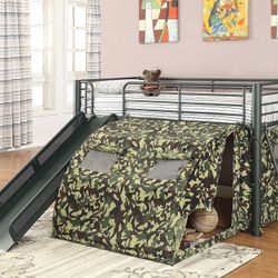 COASTER OATES LOFTED BED WITH SLIDE AND TENT ARMY GREEN ! FLOOR MODEL AVAILABLE FOR IMMEDIATE PICK UP