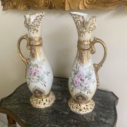 PAIR of 13" ANDREA by SADEK Porcelain Tall PITCHER EWER 7715 Gold Trim Floral