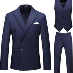 Men 3 Piece Double Breasted Navy Suit