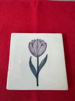Royal Tichelaar Makkum Hand-Painted Ceramic Delftware Tile - Single Purple Tulip