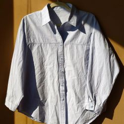 Baby Blue Long Sleeve loose fit Women's shirt top Blouse back buttons casual Street wear L Large