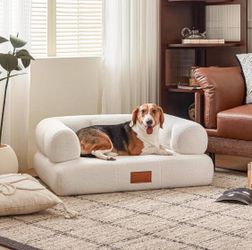 Large Raised Large Pet Sofa Bed, Indoor Furniture Style,  Faux Shearling Dog Couch Bed for Large Dogs Under 70 lbs, Ivory White