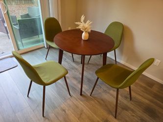 Round Brown Wooden Table(D35.5") and 4 Green Upholstered Chairs