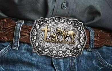Faith Man Praying At Cross Horse Belt Buckle 3.35" wide SHIPPING AVAILABLE