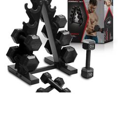 Cap Barbell 100 lb Cast Iron Hex Dumbbell Weight Set with Rack, Black Brand New 