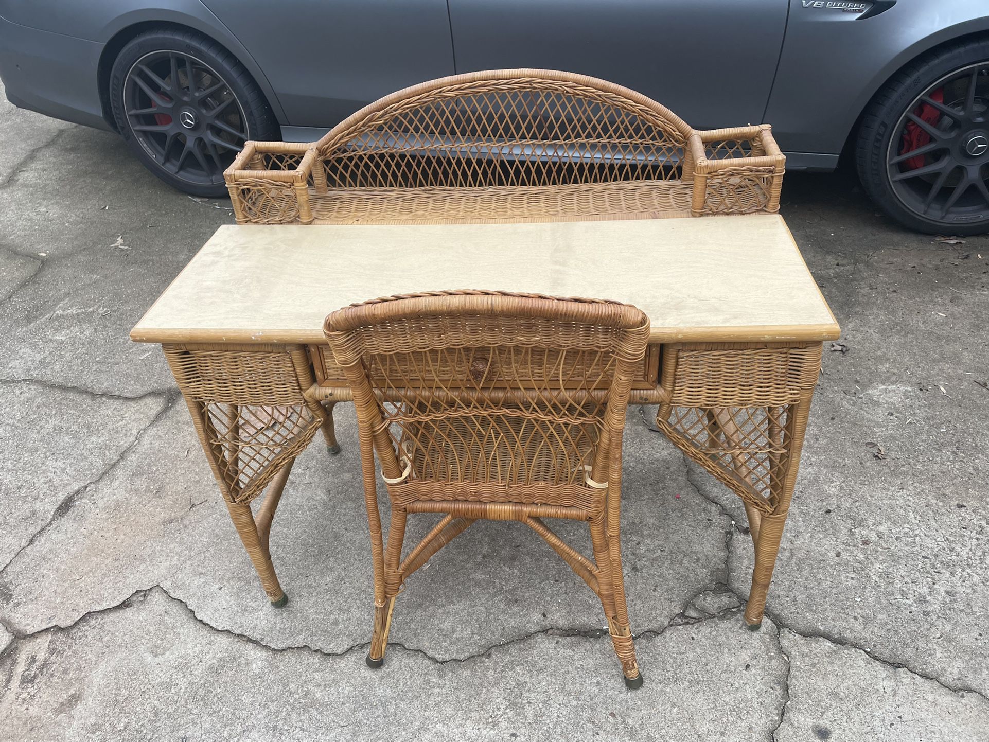 Vintage Wicker Desk And Chair 