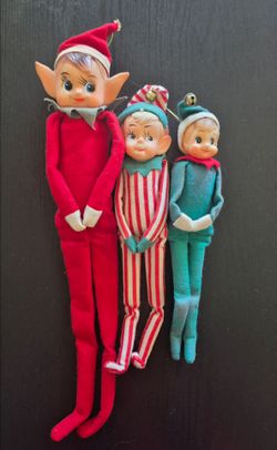 Lot of 3 Vintage Christmas Knee-Hugger Pixie Elf Shelf Sitter Ornament