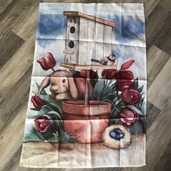 Large Laurie Korsgaden Birdhouse Bunny Garden Flag 25 1/2” X 37 1/2”