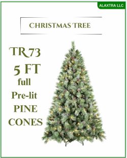 🎄5ft Snow Tips Prelit Christmas Tree with Pine Cones, Premium Artificial Xmas Tree with Warm White Lights, Outdoor Christmas Tree Decorations for Hom