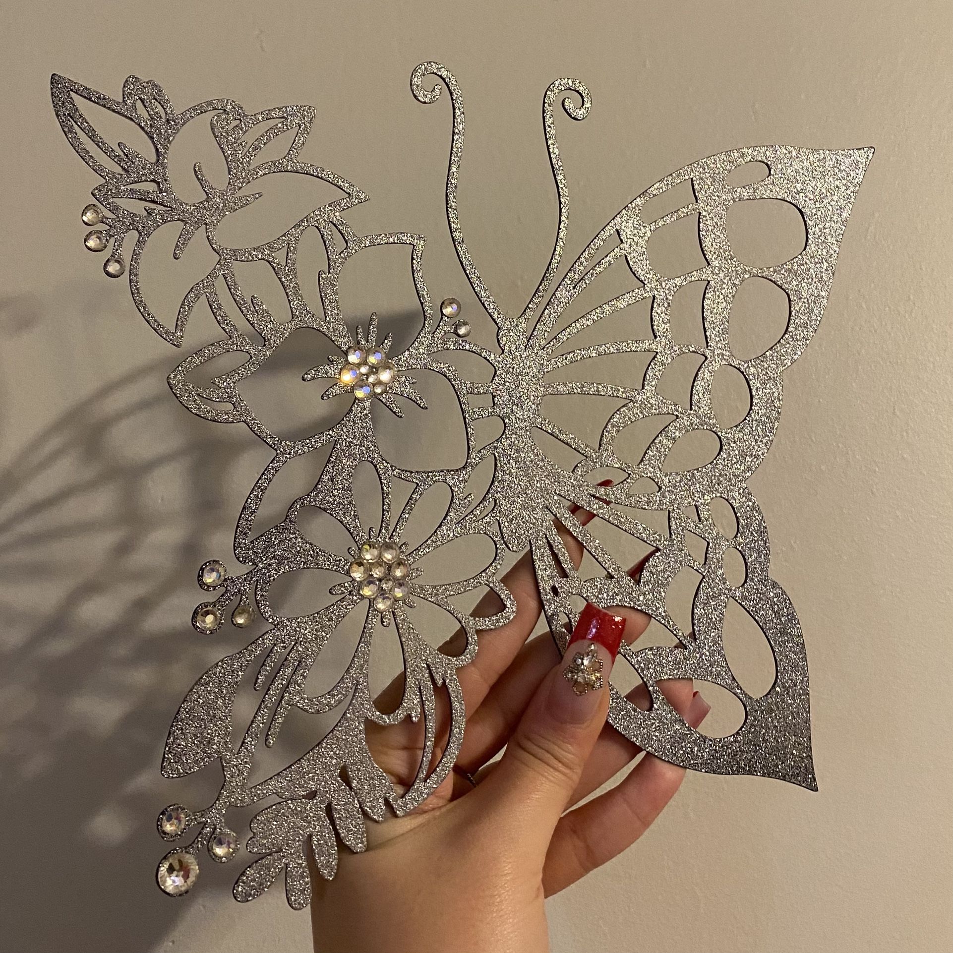Silver Glitter Rhinestone Butterfly Wall Decor Art
