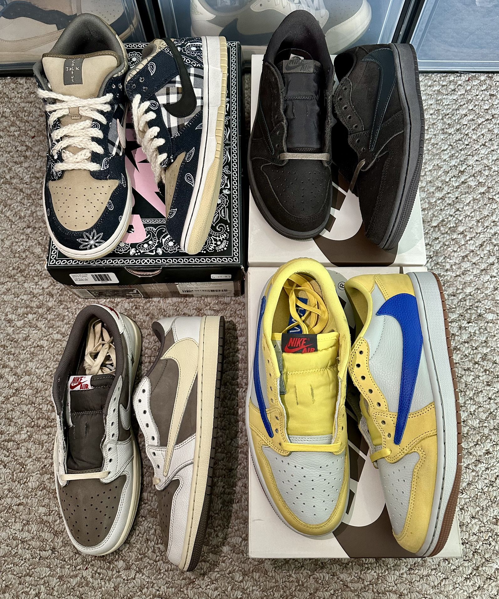 Nike Jordan 1 Low Og And Sb “Travis Scott” Canary & Velvet Brown Both Size 7.5m❤️🔥 Reverse Mocha & Nike Sb Travis Both Size 9.5❤️🔥