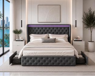 Upholstered Queen Size Platform Bed Frame with 4 Storage Drawers ,Dark Gray L-2
