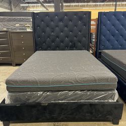 Beautifully Detailed Black Velvet Bed