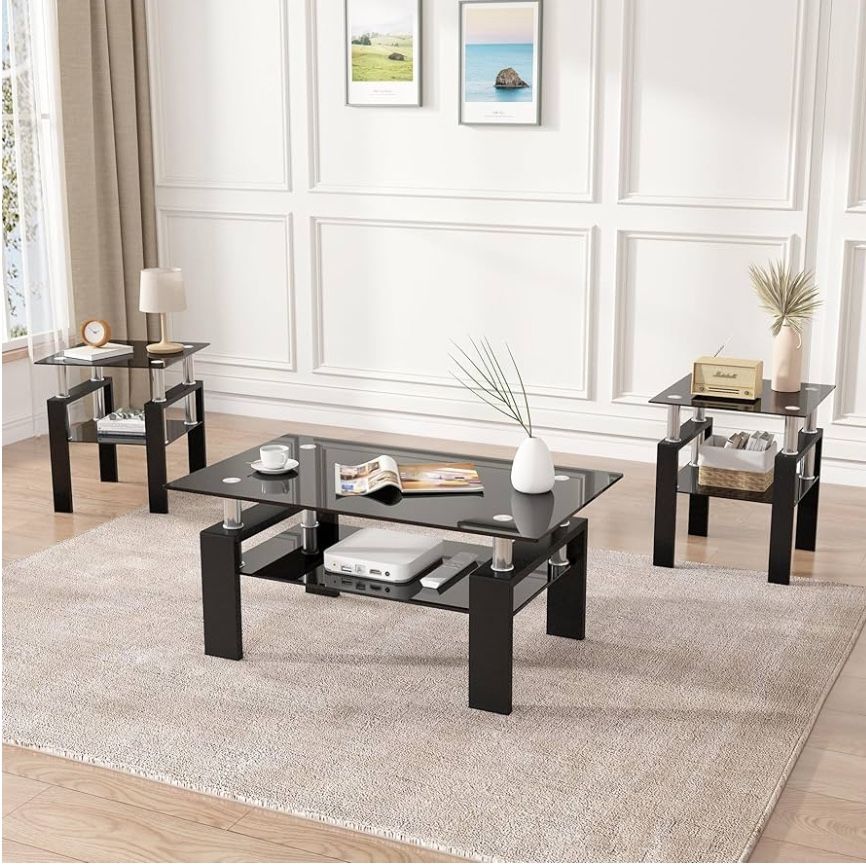 Modern Glass Coffee and End Table Set with Black Legs