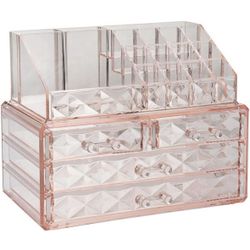 ZHIAI Jewelry and Cosmetic Boxes with Brush Holder - Pink Diamond Pattern Storage Display Cube Including 4 Drawers and 2 Pieces 