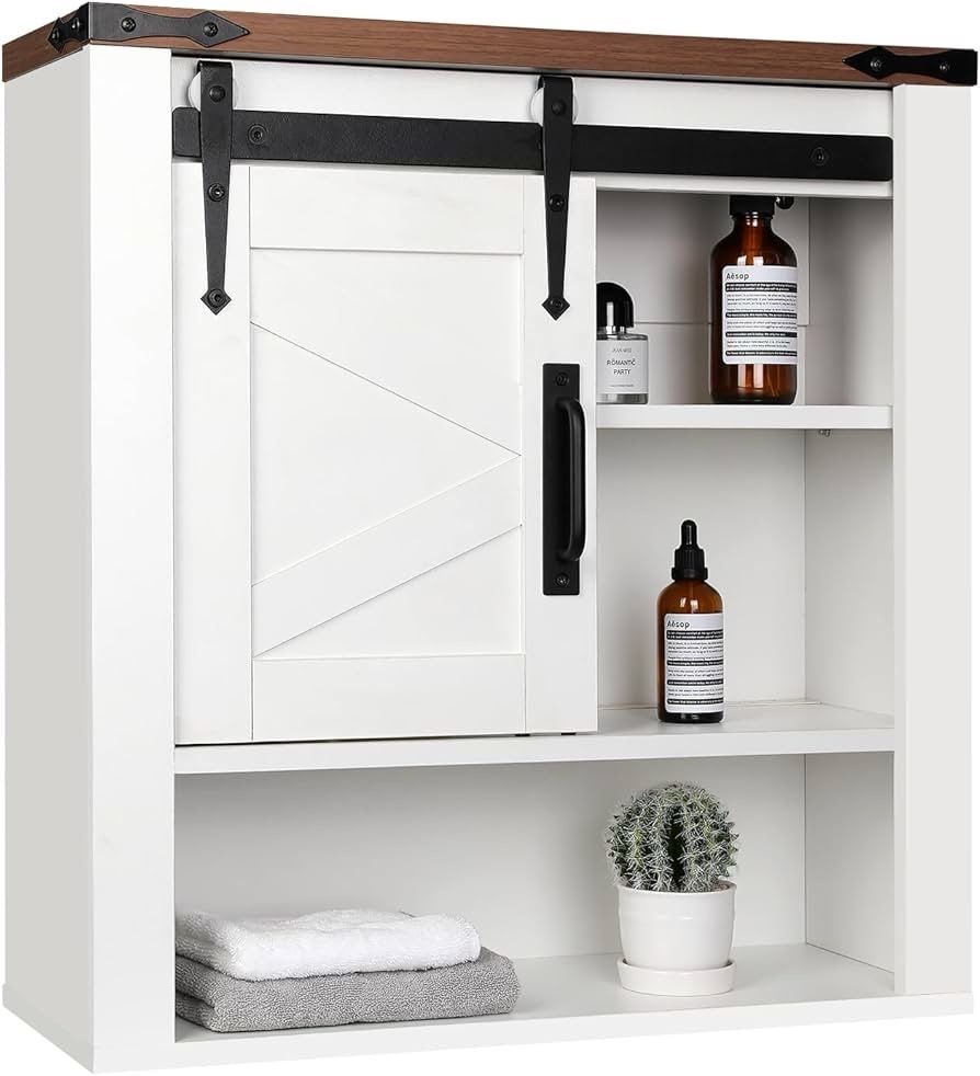 Farmhouse Bathroom Wall Cabinet, Medicine Cabinet with Sliding Barn Door & Adjustable Shelf, Wood Wall Mounted Storage Cabinet for Kitchen Dining, Bat