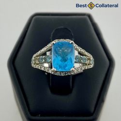 Blue Stone and Diamond Ring in 10k White Gold