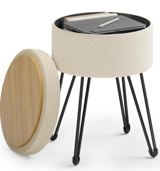 SONGMICS Vanity Stool Chair, Small Ottoman Stool with Storage, Vanity Chair, 15.4 Dia. x 17.4 Inches, 4 Metal Legs, for Makeup Room, for Living Room, 