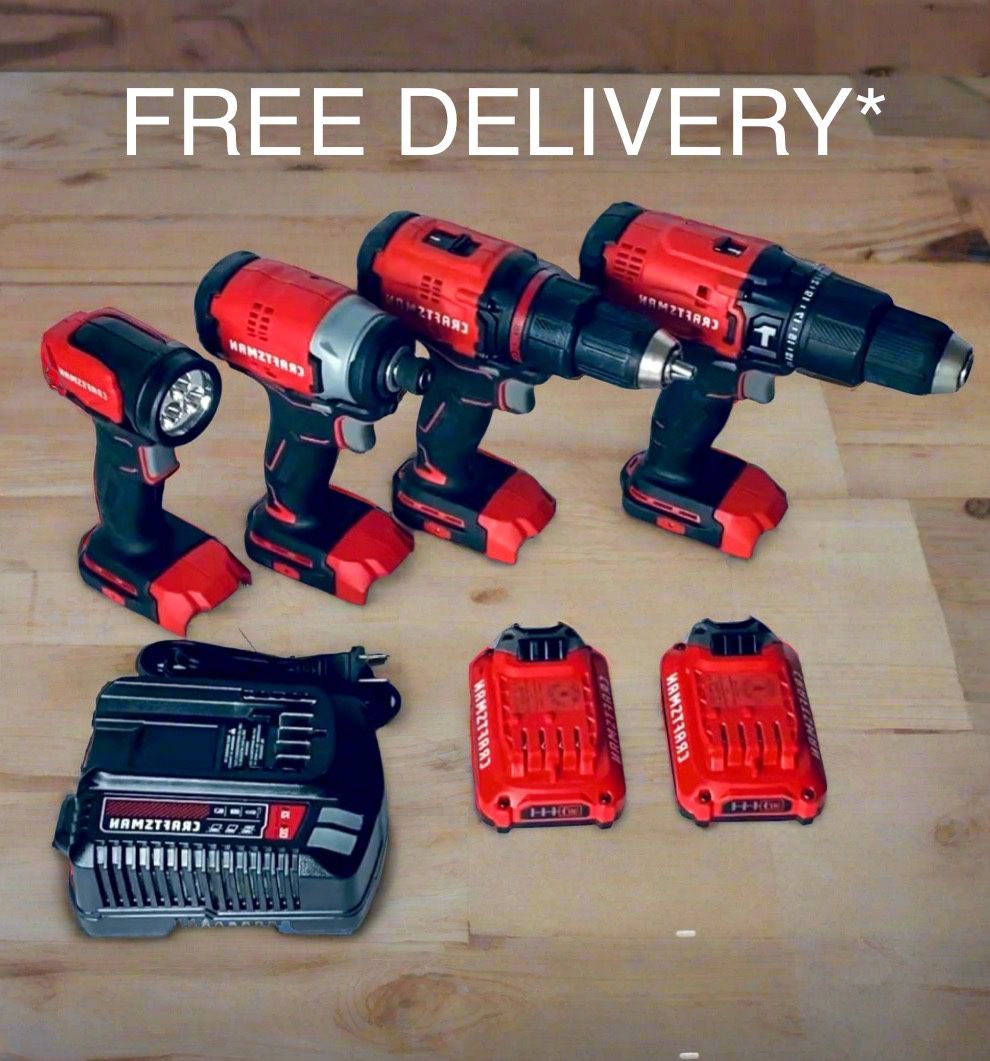 OBO CRAFTSMAN V20 Cordless Hammer Drill, Impact Driver, Drill/Driver, LED Handheld Work Light, 2 Batteries, Charger & Carrying Bag