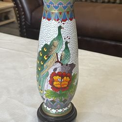 Vintage Chinese Peacock Cloisonné Vase W/ Stand 8”