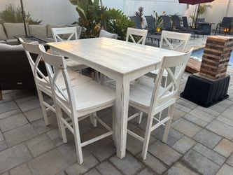 White Wood Counter Height Dining Table with 6 Chairs
