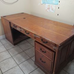 Large Dual Sided Office Desk 32x82 With Filing Cabinet And Hutch 