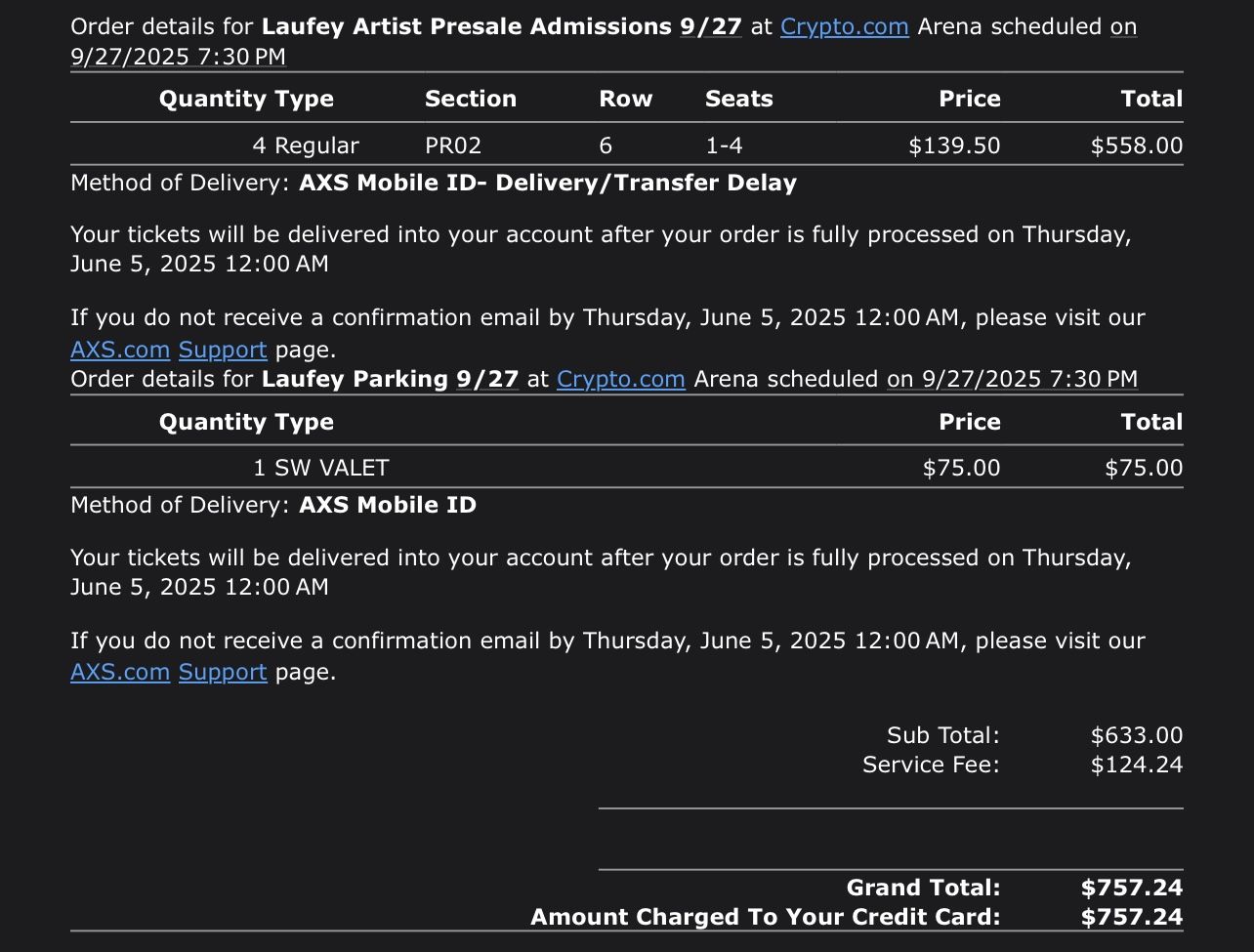 Laufey Concert Crypto Arena 9/27/25 4 Tickets + Parking Pass