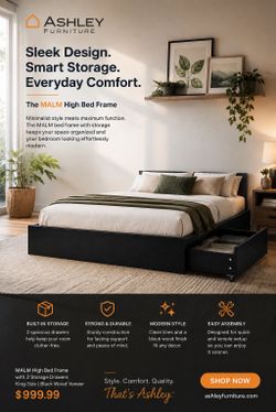 Ashley Furniture MALM Storage Platform Bed Frame with 2 Drawers – King Size, Black Wood Finish
