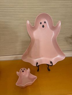 Pink Ghost Halloween Serving Platter and Matching Bowl