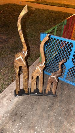 Set of 3 Carved Wooden Elephant Figurines
