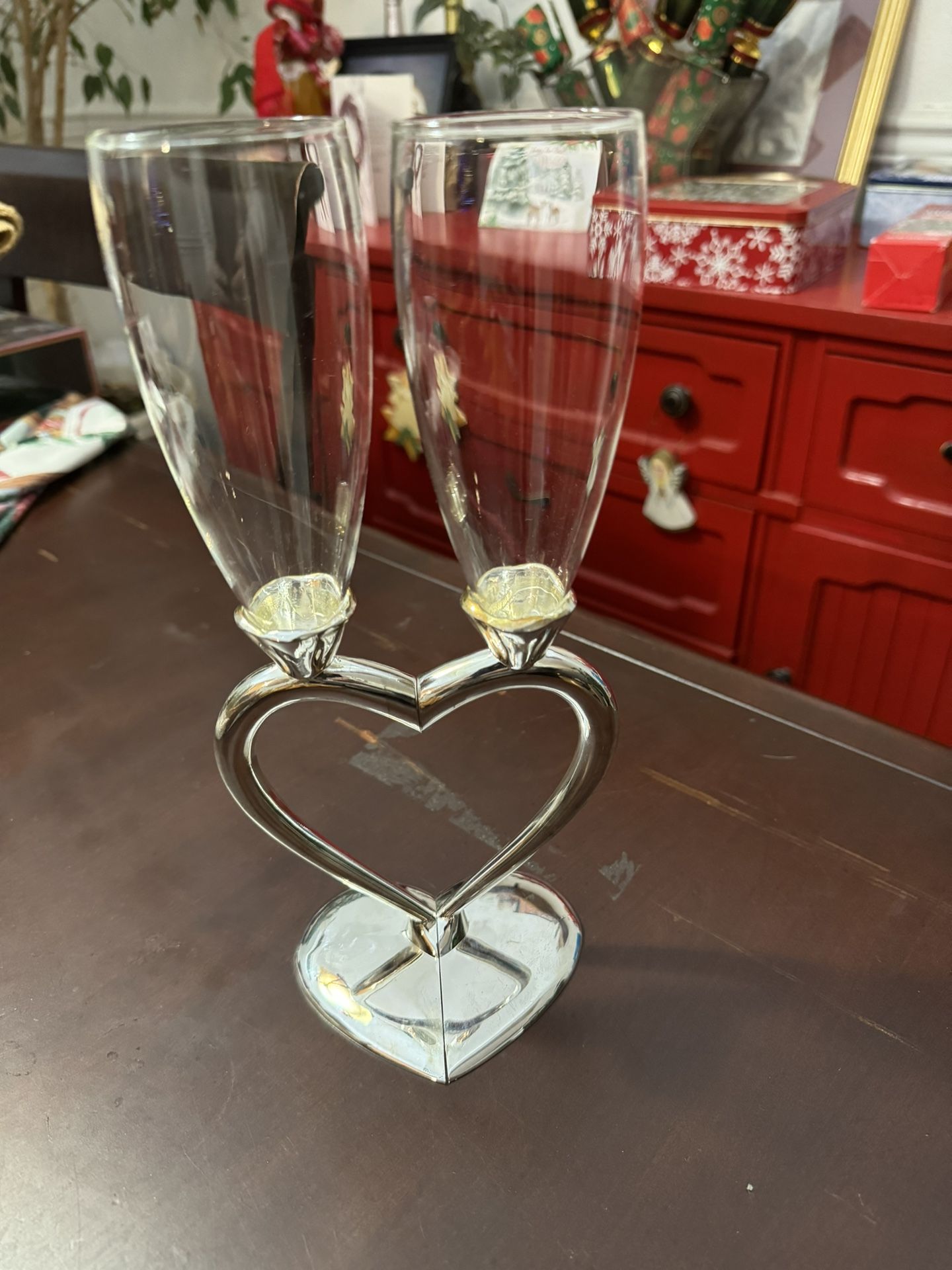 Heart Wedding Toast Champagne Glasses Glass With Silver Bases