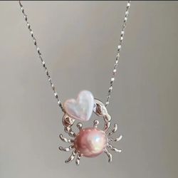Sea ocean Crab & Heart Pendant Necklace Rose Gold-Tone, Imitation Pearl