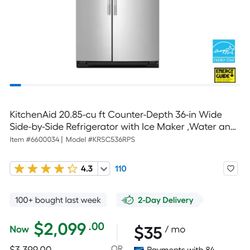 KitchenAid 20.85-cu ft Counter-Depth 36-in Wide Side-by-Side Refrigerator with Ice Maker ,Water and