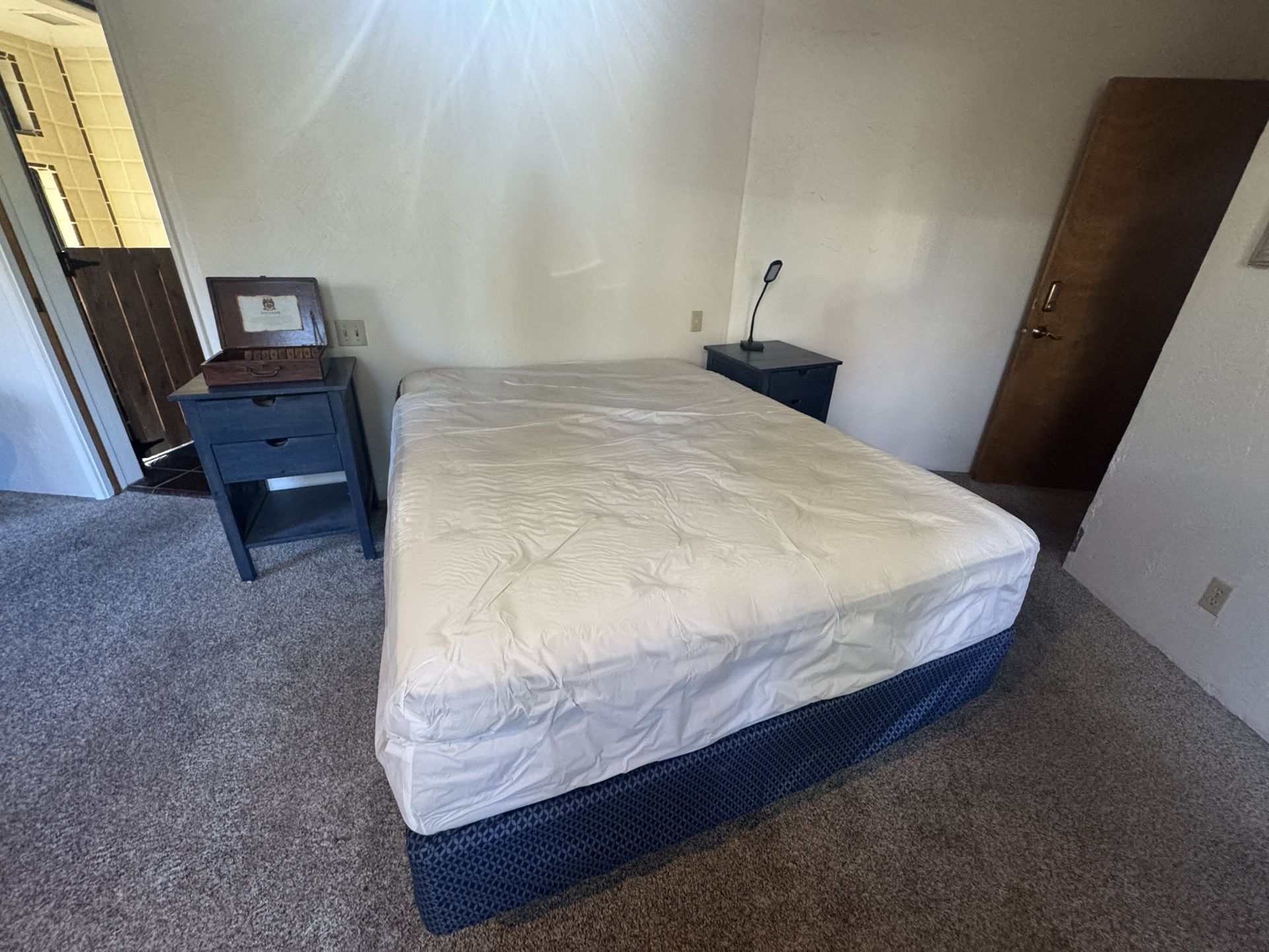 Queen Bed, Bed Box Frame & Mattress Topper 