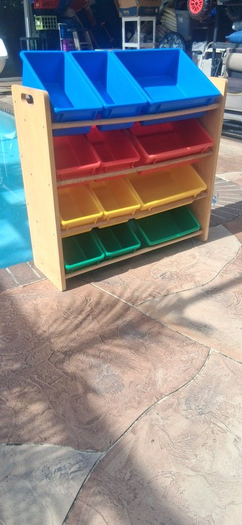 X12 plastic colorful organizer storage bin & wood rack shoes toys kitchen goods pool deck garden
