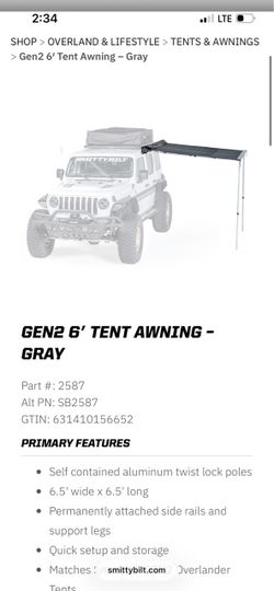 Smittybilt Gen2 6' Tent Awning Gray