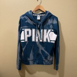 Women’s Large PINK Victoria’s Secret Teal Bleached Tie Die Full Zip Hoodie