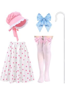 6 Pcs Halloween Shepherdess Costume Include Bonnet Hat Staff Pink Polka Dot Skirt Bowtie Knee High