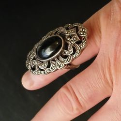 Rare Vintage 925 Silver Black Onyx & Marcasite 6.5" Ring