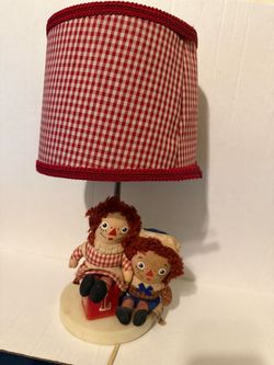 Vintage Raggedy Ann Doll Nursery Lamp H Block Night Light Gingham Original Shade
