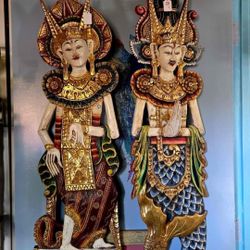 Vintage handmade, hand-painted Balinese wooden wall panels featuring traditional mythical figures Rama and Sita or goddesses Indonesian folk Art 43.5 