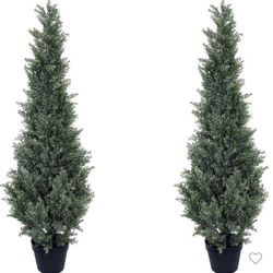 Artificial Cedar Topiary Trees 2 Set, Realistic Fake Cypress Tree Tall Faux Pine Shrubs Plants Artificial Cypress Trees for Indoor/Outdoor 