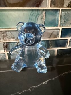 ONEIDA 24% Lead Crystal Light Blue Teddy Bear Paperweight Art Glass Paper Label