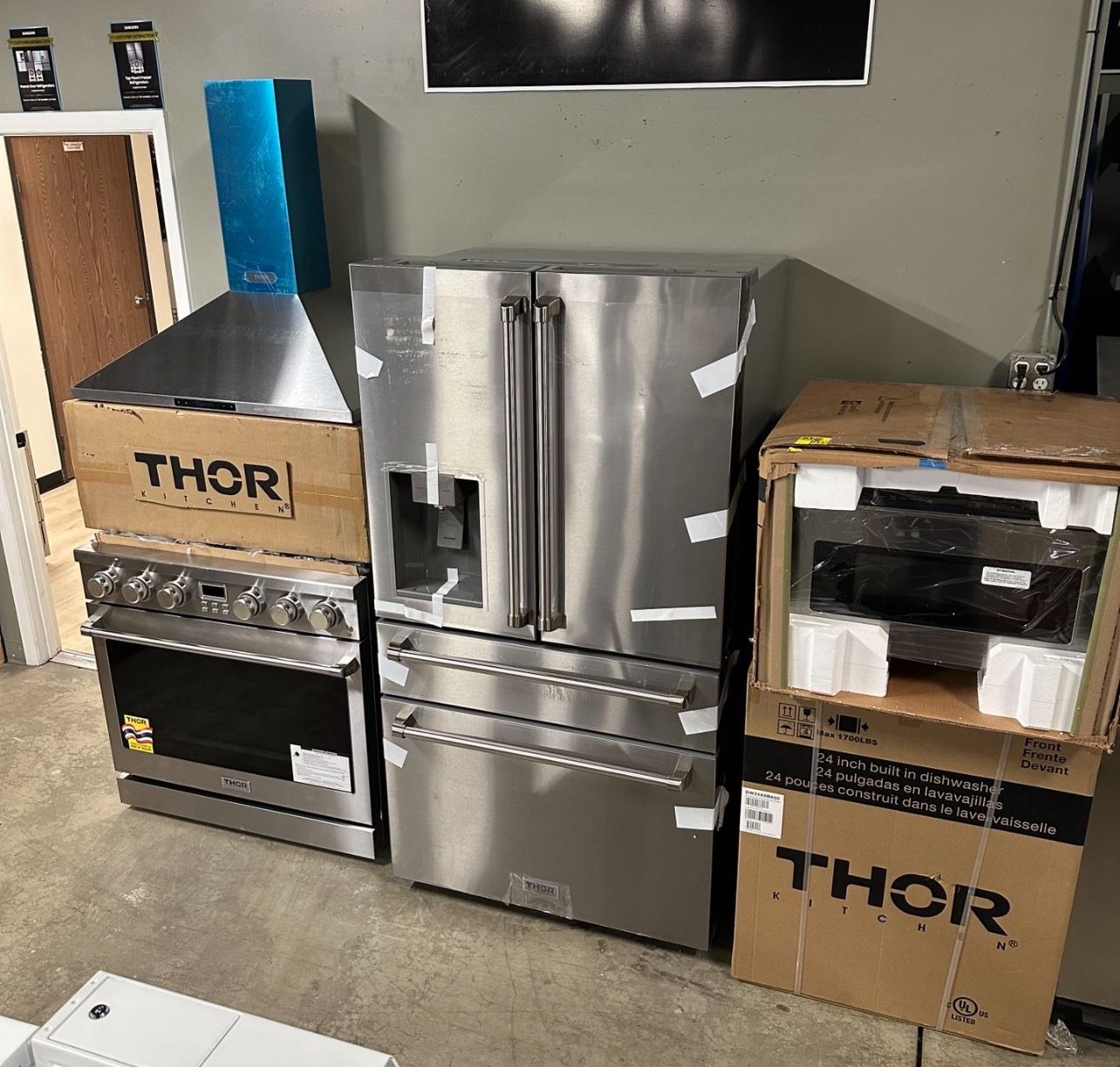 THOR Kitchen Package - 30" Gas Range, Microwave, Refrigerator with Water and Ice Dispenser, Dishwasher,